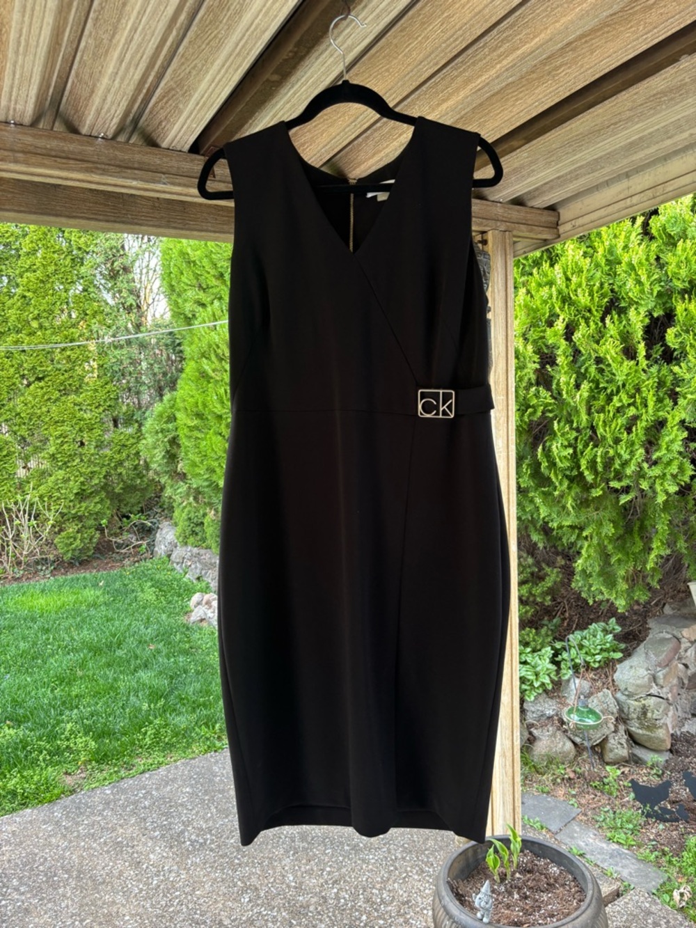 Calvin Klein Black Sleeveless V-Neck Sheath Dress with CK Buckle